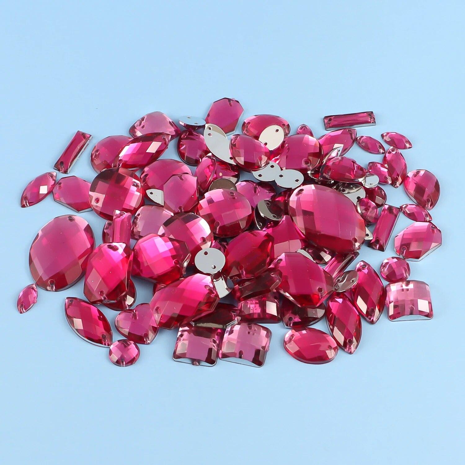 

100pc Sewing Gems Mixed Shapes Crystal Acrylic Sew On Rhinestones with 2 Holes Mixed Sizes Sewing Rhinestones for Clothes Shoes ярко-розовый