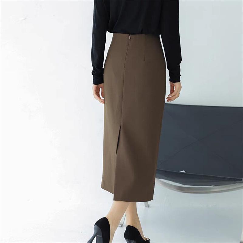 Women's Mid-Length Coffee-Colored A-Line High-Waisted Slit Skirt