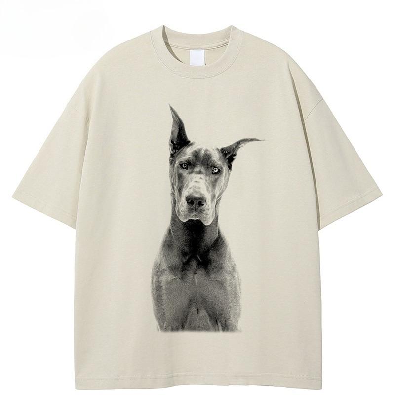 2026 Hot Sale Men T-Shirt Streetwear Casual Beige White Tshirt Animal Graphic Doberman Dog Printed Tops Tees Cotton T Shirt Unisex Dope Short Sleeve