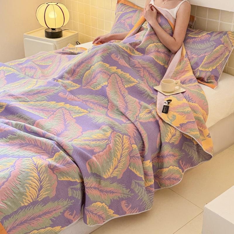 Luxury Long-Staple Cotton Jacquard Woven 3-Layer Gauze Toweling Coverlet - Breathable All-Season Throw Blanket for Home Travel