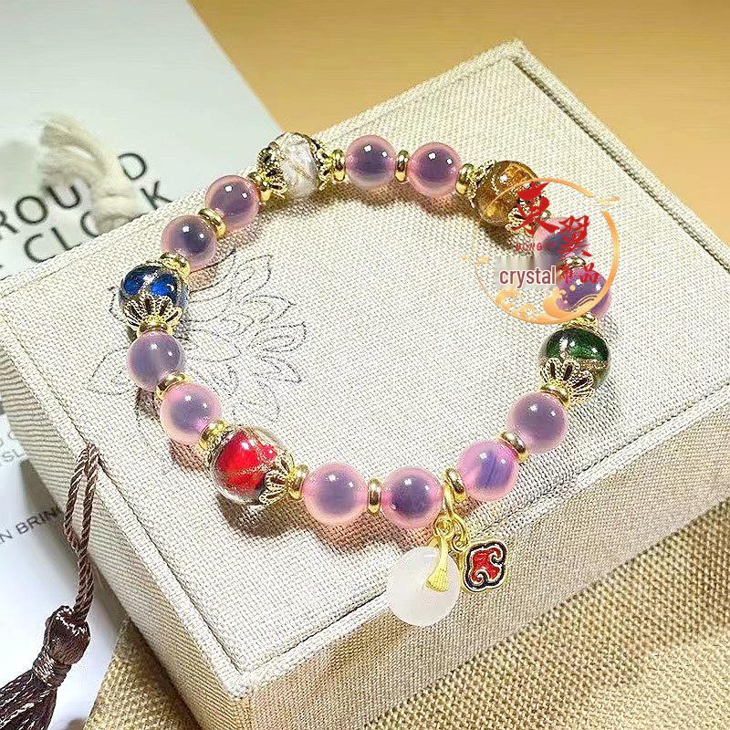 Pink Sugar Heart Agate Bracelet with Gold Foil Peace Buckle and Luck-Turning Beads.