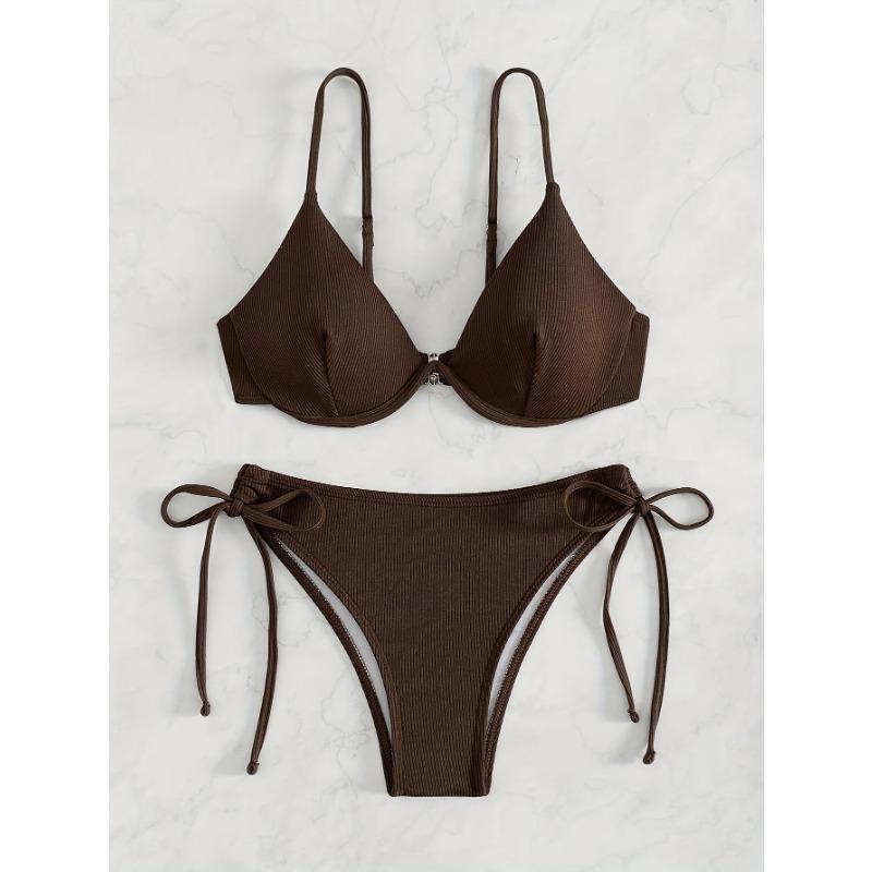 

Слитный купальник бикини на косточках, сексуальный, новинка 2025 года, бикини с подкладкой пуш-ап, на завязках, купальник женский, летняя пляжная одежда L коричневый