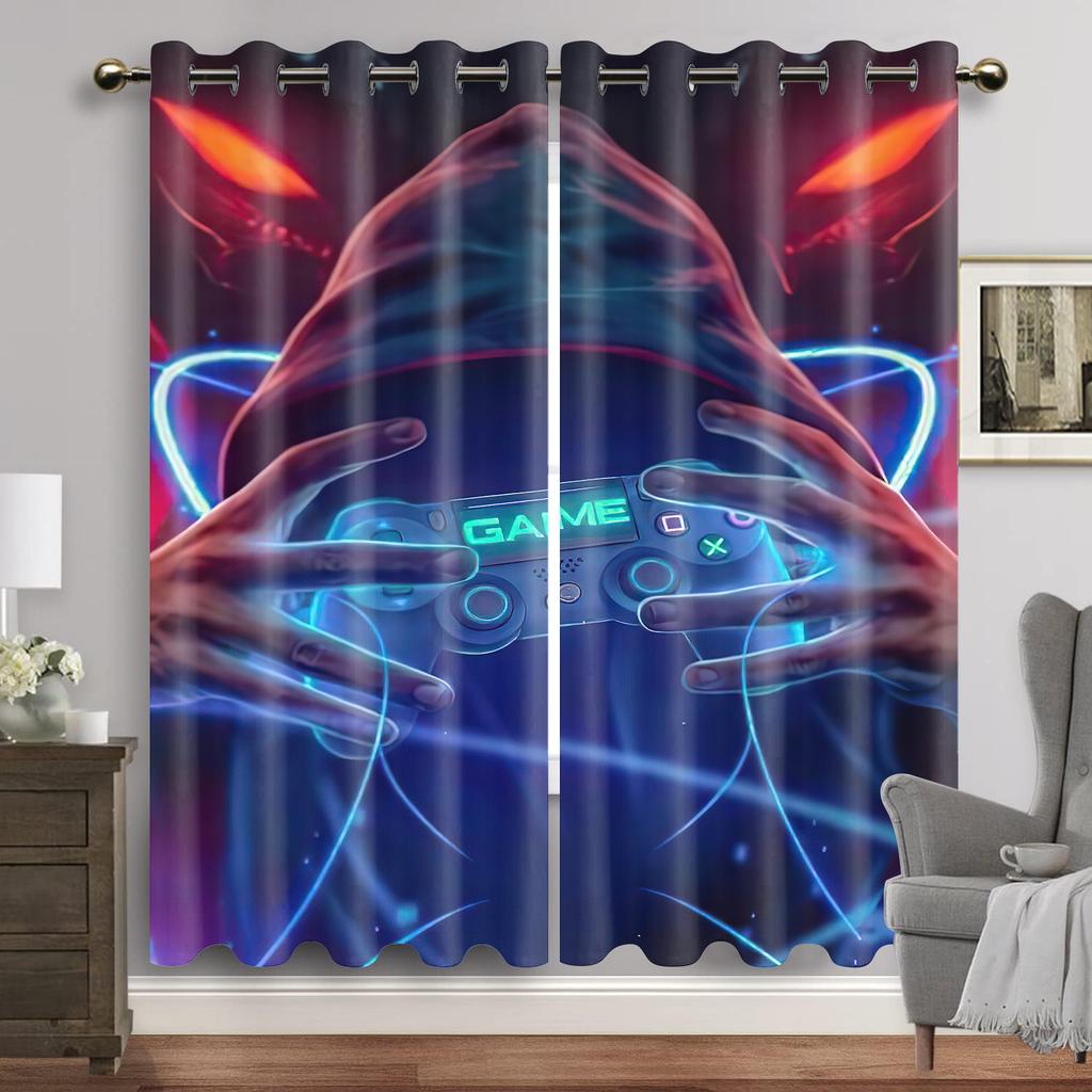 Gamepad Printed Thin Curtains for Boys Bedroom Gaming Room Decor Window Curtains Playing Video Game Window Drapes Shading 2panel