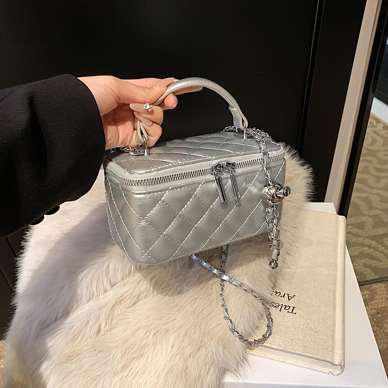 French Style Silver Quilted Box Bag, Versatile Everyday Crossbody Makeup Bag, Commuter Shoulder/Crossbody Women s Bag серебряный