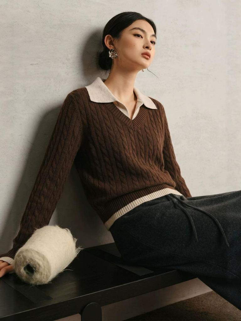 Retro Cable Knit Wool Two-Piece Color Block Lapel Sweater - Women's College Style Slimming Top