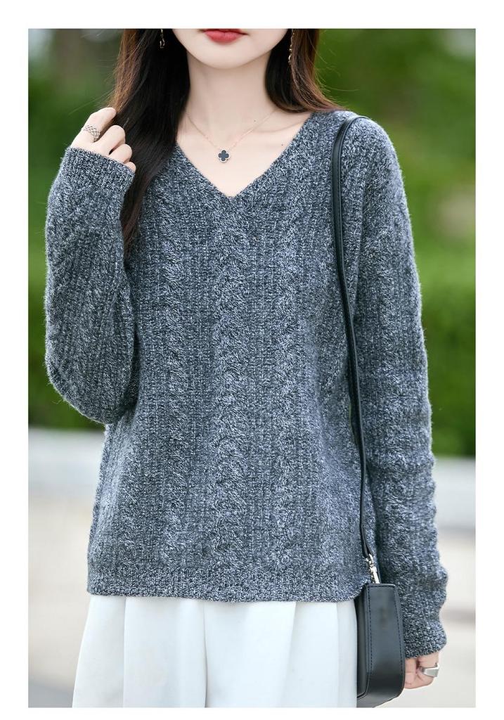Women's Loose V-Neck Cable Knit Wool Sweater - 100% Pure Cozy Knitwear for Autumn/Winter