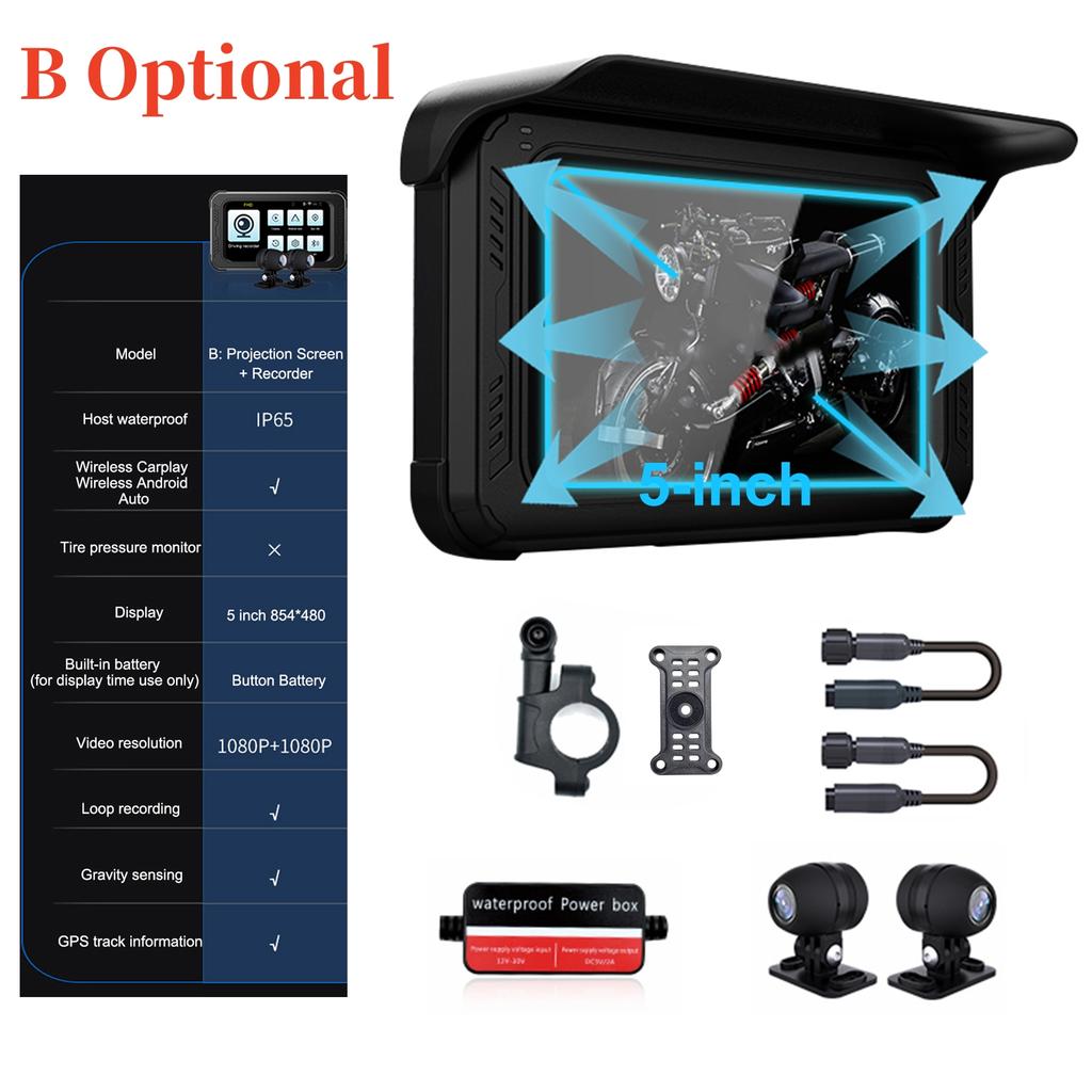 3-In-1 Motorbike Device: Dashcam+GPS Navigator+Wireless CarPlay, Supports Android Auto, Siri & Google Voice Assistant