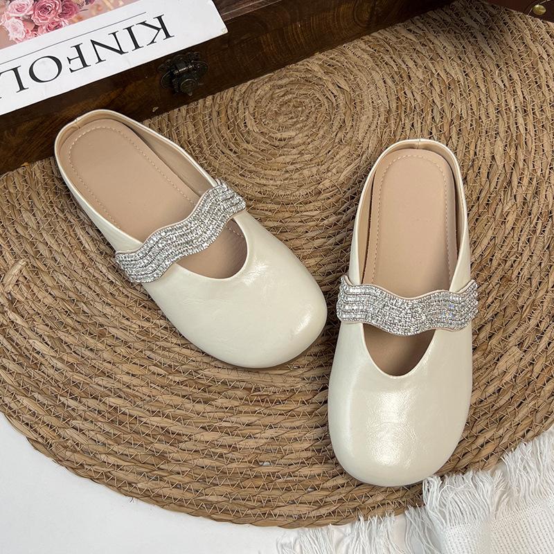 

Hot Diamond Baotou Muller Tug New Women s Summer Flat Lazy Outdoor Wear Casual Versatile Mary Jane Half Slippers 35 бежевый