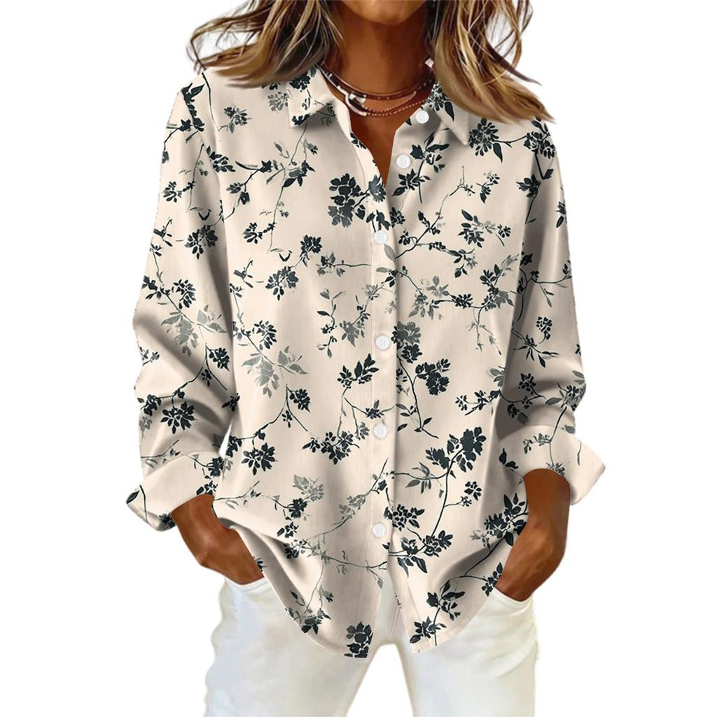 Dámská košile s knoflíky s květinovým potiskem, ležérní košile s dlouhým rukávem, halenky, ležérní základní topy plus size