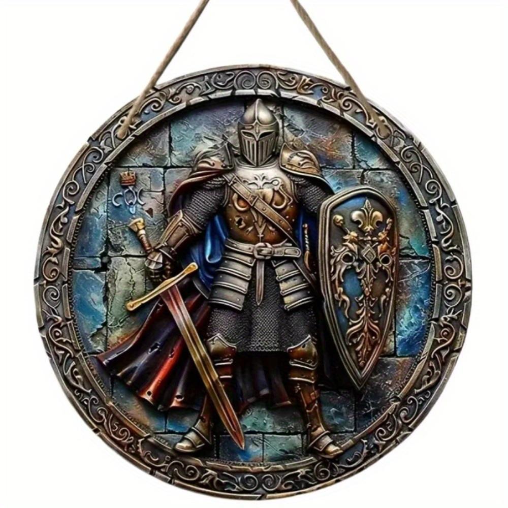 1 Stück 2D Flaches Vintage Mittelalterlicher Ritter Kunst Schild - 20cm Rund Holz, Bar Café Veranda Wohnzimmer Schlafzimmer Heimdeko, Rustikaler Stil Kreative Wanddeko