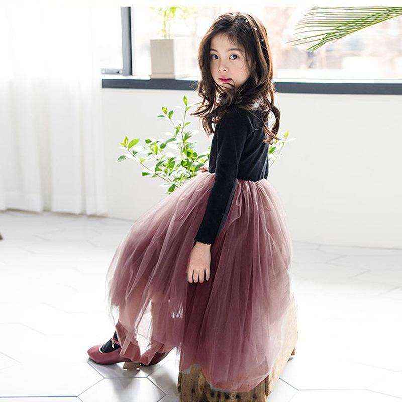 Autumn and Winter Long Sleeved Girls' Dress Children's Fluffy Gauze Skirt Mid To Large Kids Clothing Performance Princess Dress