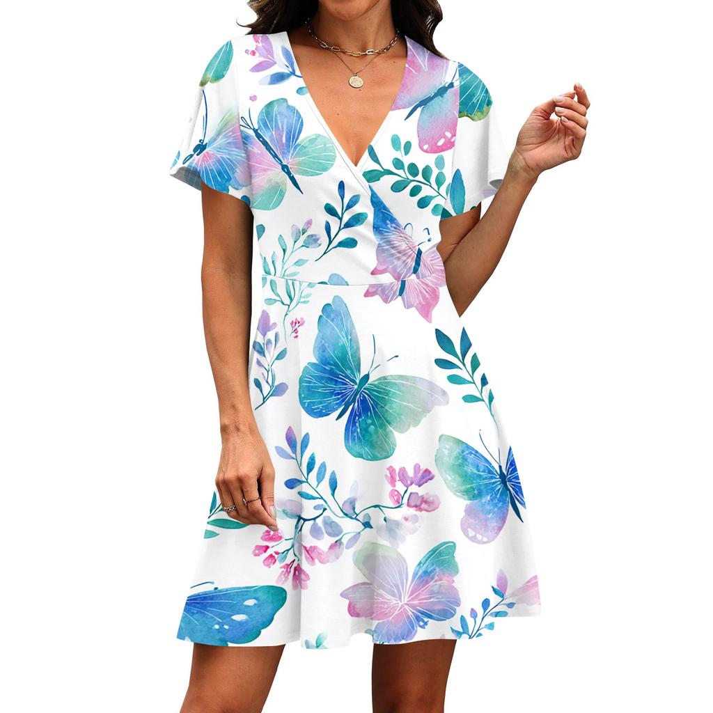 Women’s Short Sleeve V Neck Floral Print Wrap Dress with Asymmetrical Hem Lightweight Casual Summer Wear