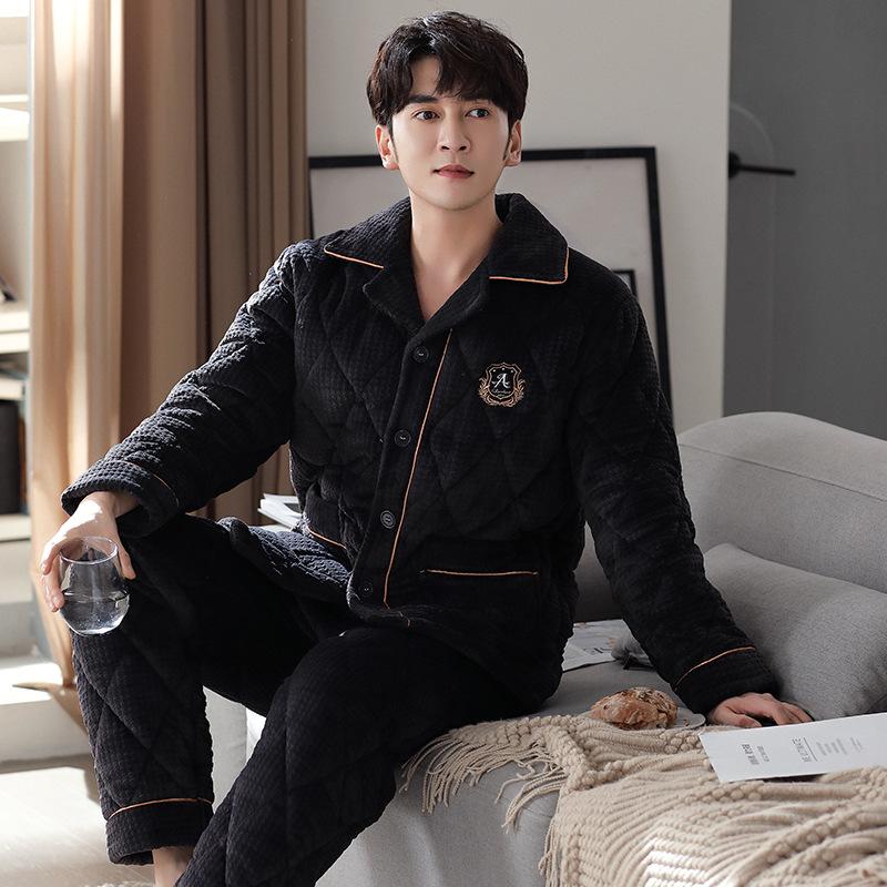 Pajamas Men'S Winter Three-Layer Thickened Fleece Thermal Jacket Autumn And Winter Coral Fleece Winter Loungewear Set