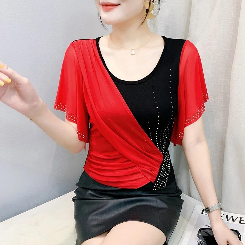 Summer Women's Mesh Color Block Design Lace Trim Rhinestone DetailsTrendy Short Sleeve T Shirts