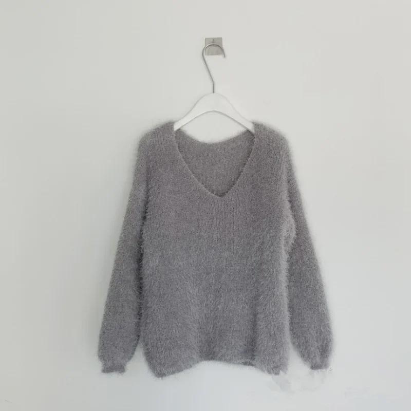 

Корейский шикарный мохеровый свитер с V-образным вырезом - женский свободный крой, однотонные цвета (2023 Осень/Зима) One Size серый