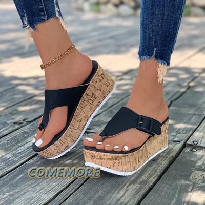 Women Summer Flip Flops Shoes Female Wedge Heels Platform Sandals Slip On Buckle Decor Non-slip Platform Beach Slides Shoes 2024