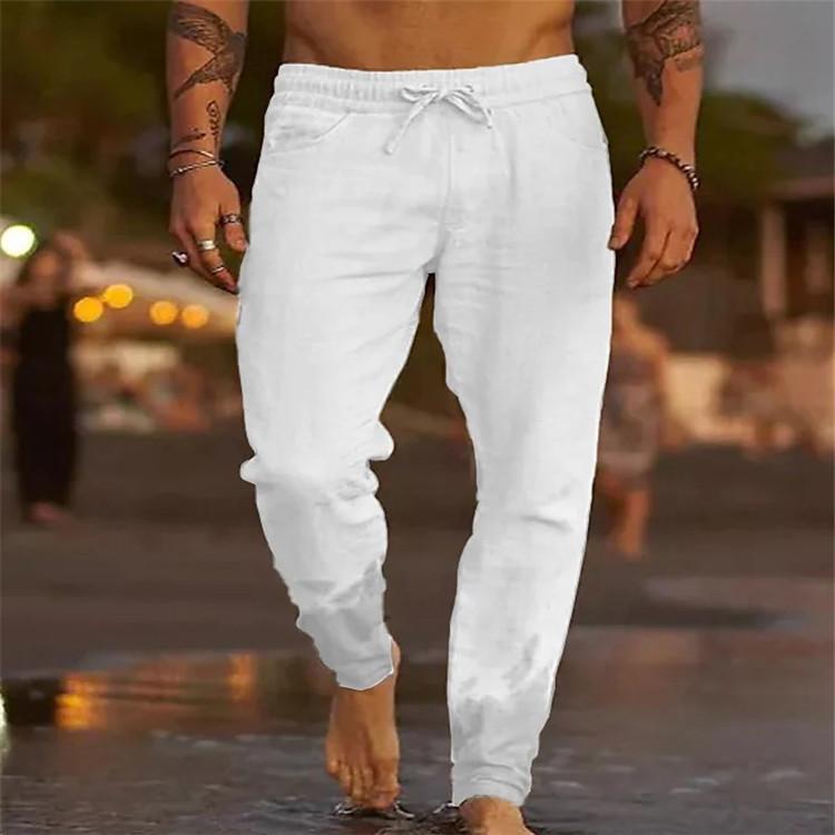 Neue Herren einfarbige Kordelzug Falten locker Baumwolle Leinen Sport Freizeit Strand Freizeit Hose