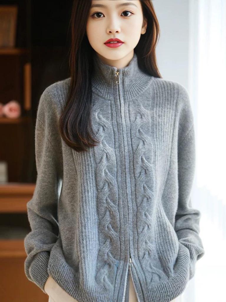 Women's Heavy Cable Knit High Neck Cardigan - Thick, Loose Fit for Autumn/Winter