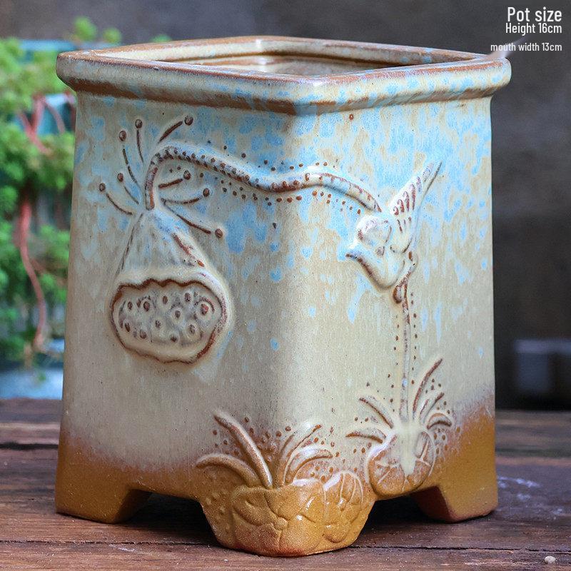 Handgefertigter unregelmäßiger quadratischer Keramik-Blumentopf für Sukkulenten - Pflanztopf mit großem Durchmesser für Mischbepflanzung