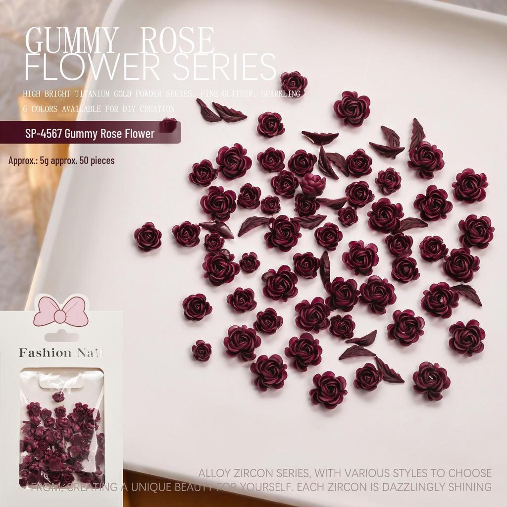 Crimson Rose 3D Nail Art Accessories - DIY Press-on Flower & Leaf Design