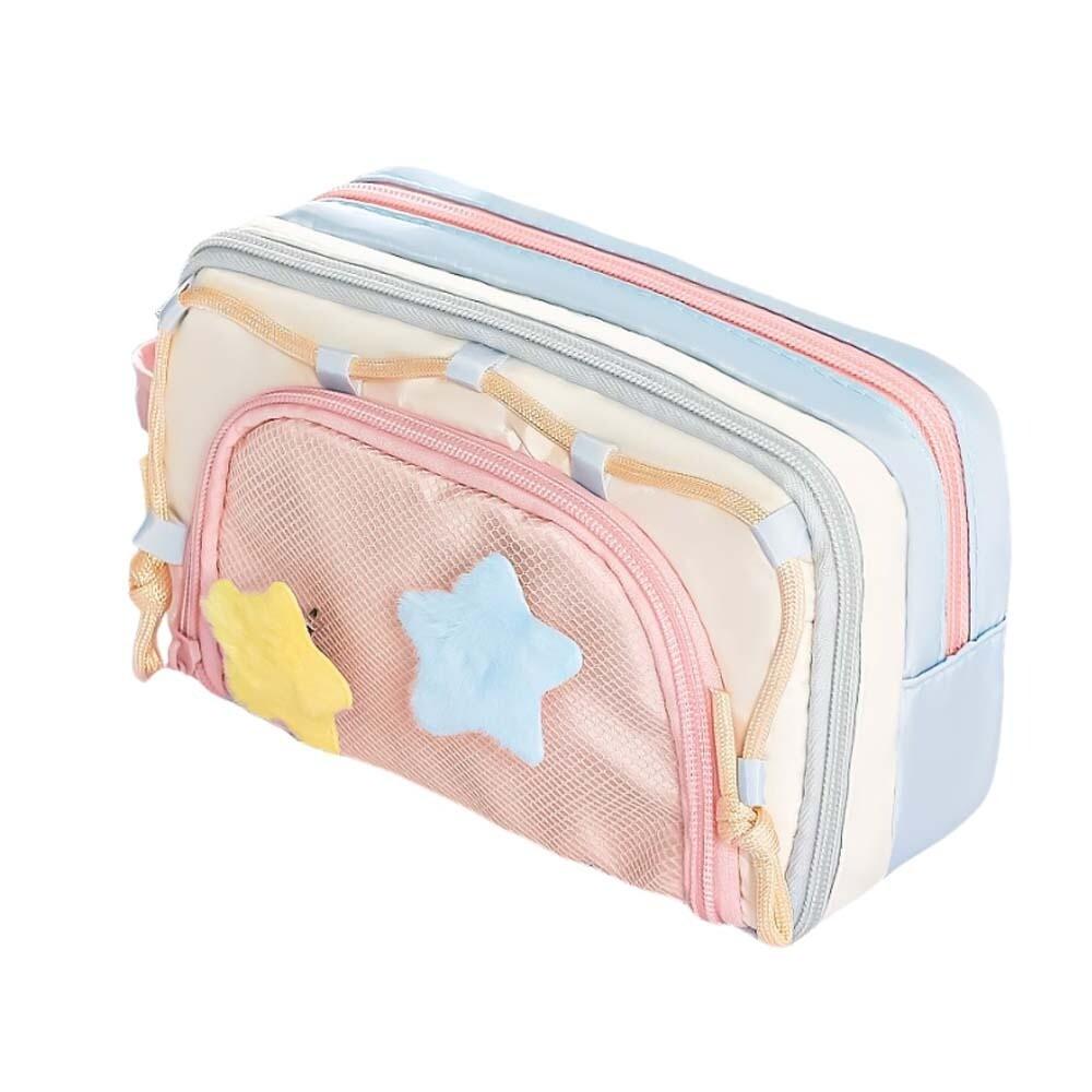 Multiple layers Pencil Cases with 2 Plush Stars Students School Supplies Large Capacity Pen Bag