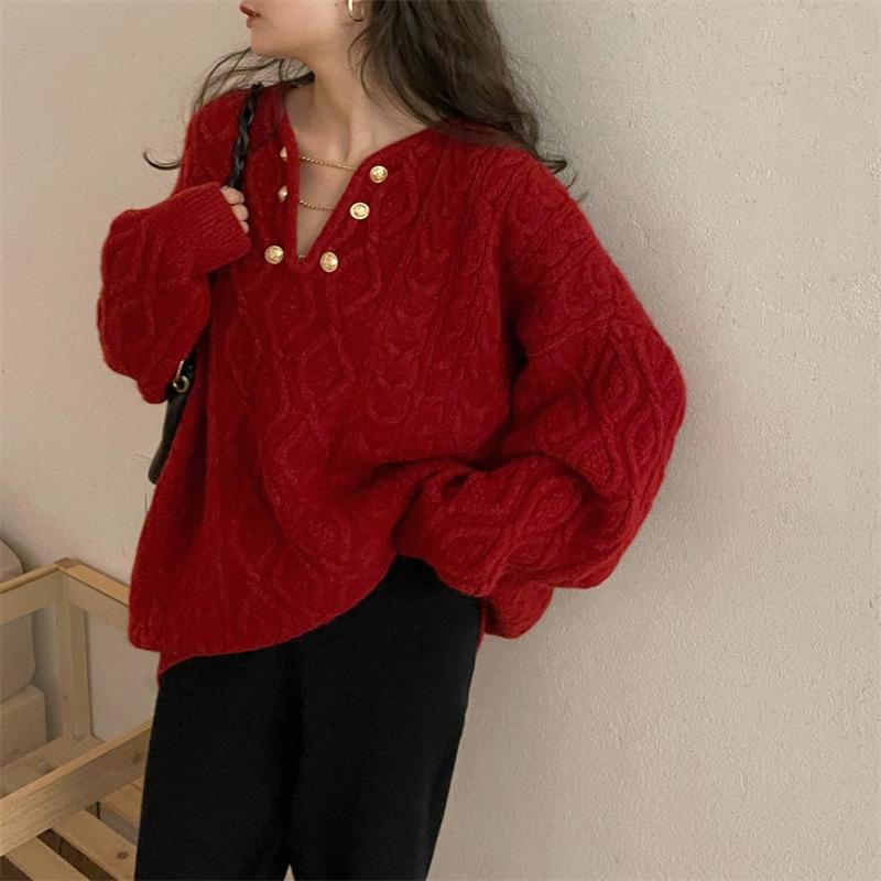 V-neck Twist Sweater Women In The Long Section of The Fall and Winter Loose Lazy Wind Gentle Pullover Knitted Tops