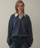 MOTT V-Neck Collared Striped T-Shirt - Navy