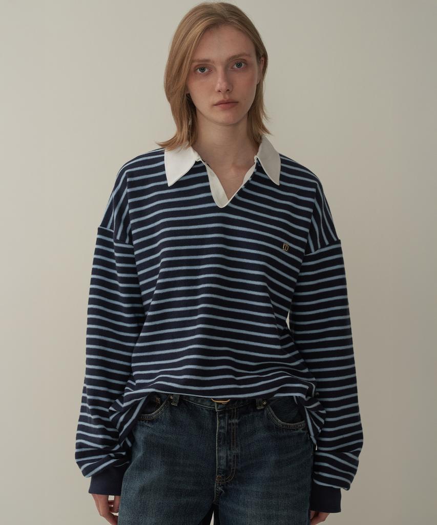 MOTT V-Neck Collared Striped T-Shirt - Navy