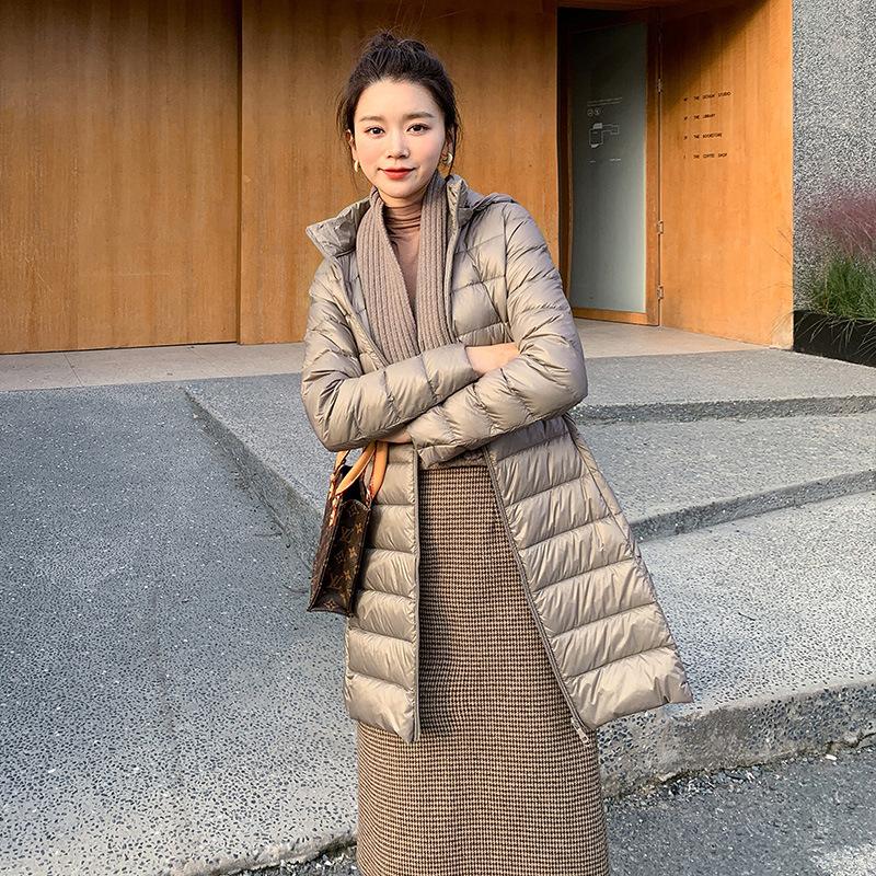 Botvotee Dlouhá zimní péřová bunda Ženy Nová móda Vintage Parka s dlouhým rukávem S kapucí Elegantní Ležérní Tenké Pevné Zipy Kabát