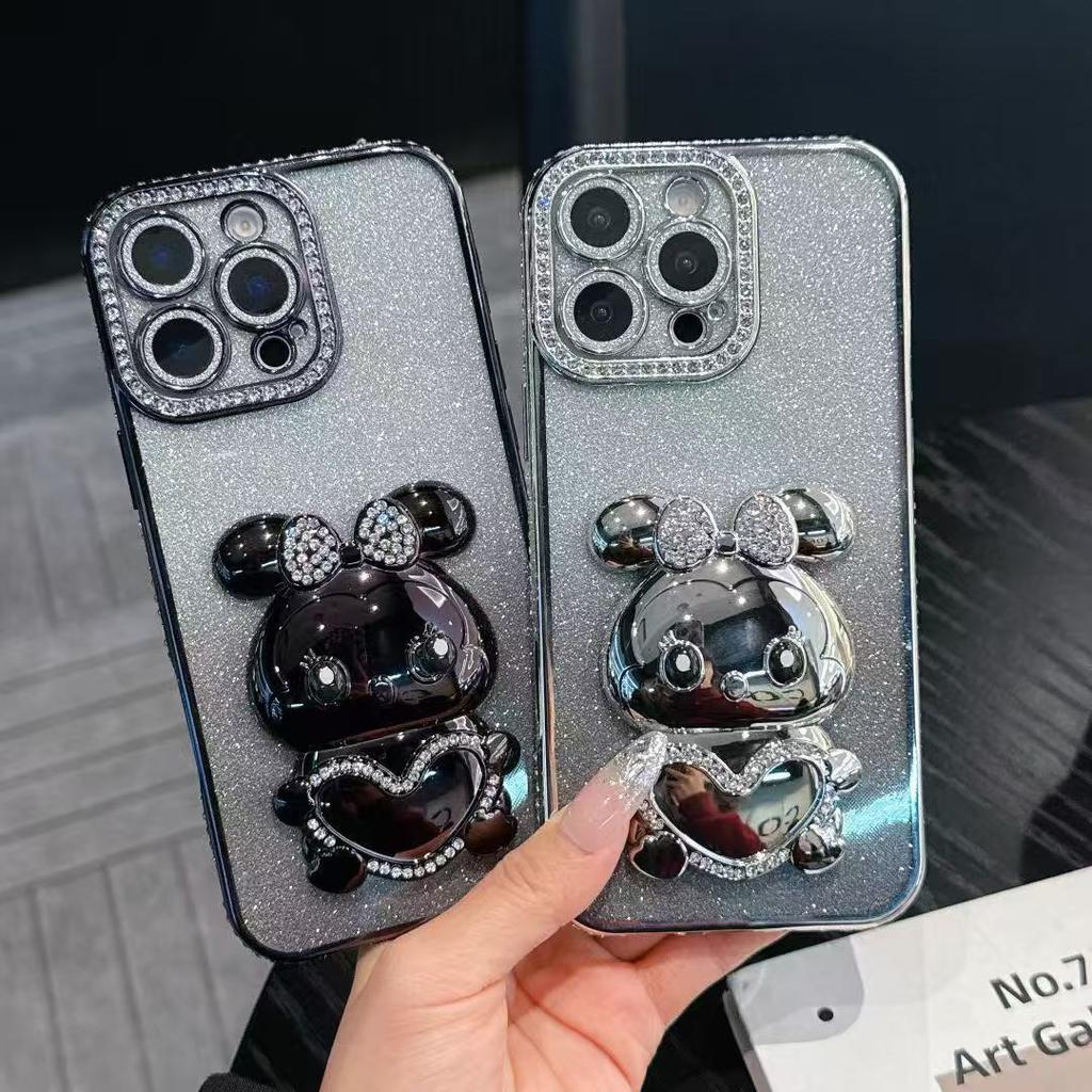 Applicable To IPhone16 ProMax Rhinestone Gradient Mobile Case Diamond Rabbit Stand Apple 15 Flash Powder Anti-fall Cover 14