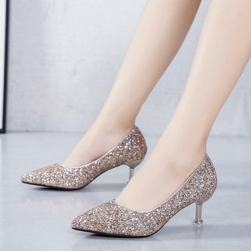 Women High Heels Sandals Trend Slip On Wedding Low Heels Lady Party Shoes Comfortable Glitter Evening Sandals Zapatos De Mujer