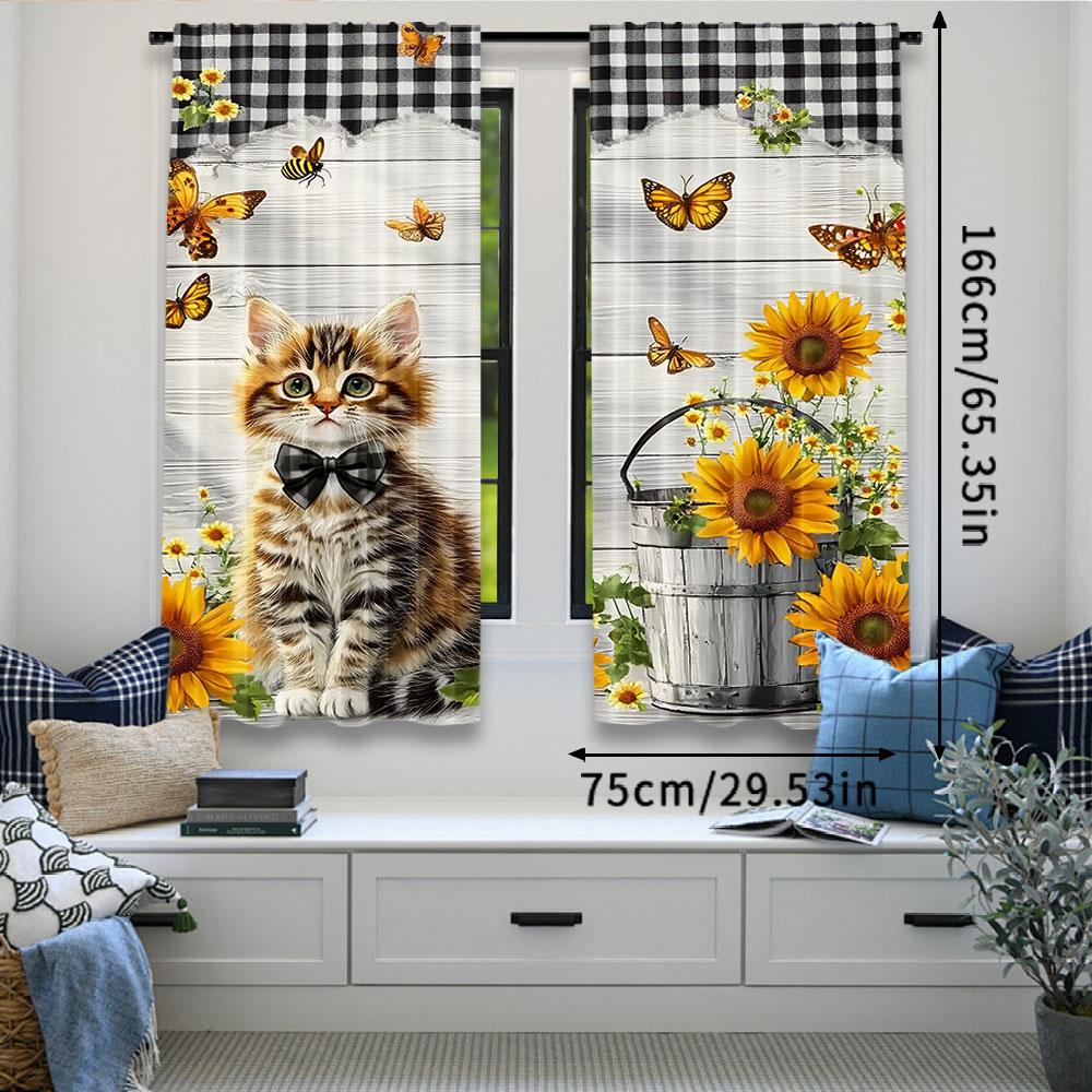 2 Stück Niedliche Landkatze Sonnenblumen Vorhänge Rustikale Holz Bedruckte Vorhänge Geeignet für Schlafzimmer Badezimmer Wohnzimmer Esszimmer