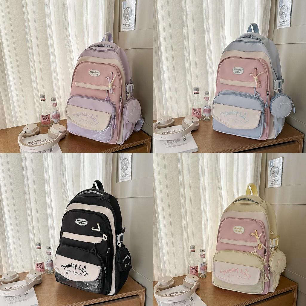 Simple Color Blocked Letter Pattern Student Backpack With Badge And Pendant For School And Daily Use