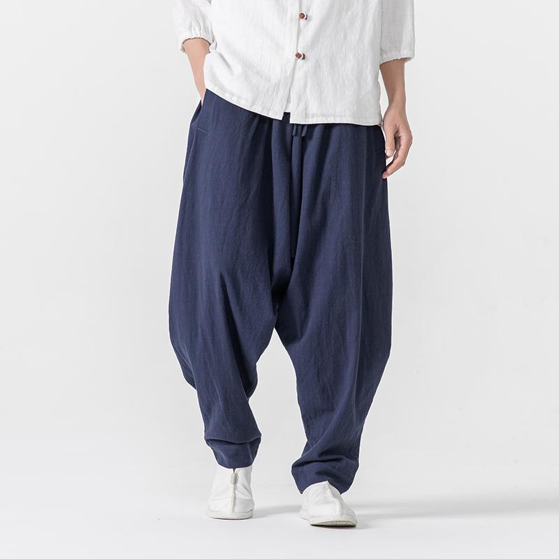 

2025 Мужские хлопковые льняные брюки, шаровары, мужские мешковатые повседневные свободные джоггеры, широкие брюки для йоги, брюки с заниженным шаговым швом, хип-хоп 5XL темно-синий