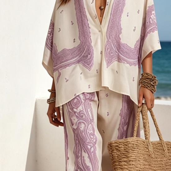 Damen Boho Baumwolle Leinen 2-teilige Sets, 3/4 Ärmel Bedruckte Hemden und Weite Hosen Passende Sets, Lockere Urlaubs-Lounge-Outfits