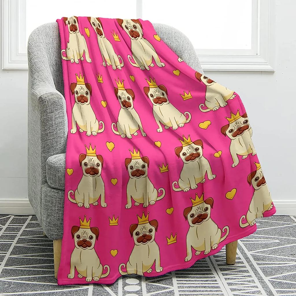 Cute Pet Pug Dog Print Blanket Soft Colorful Flannel Throw Blanket for Sofa Chair Bed Office Travelling Camping Lightweight