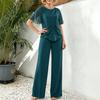 Women's Short Sleeve Ruffle Top with Wide Leg Pants Set Dark Green