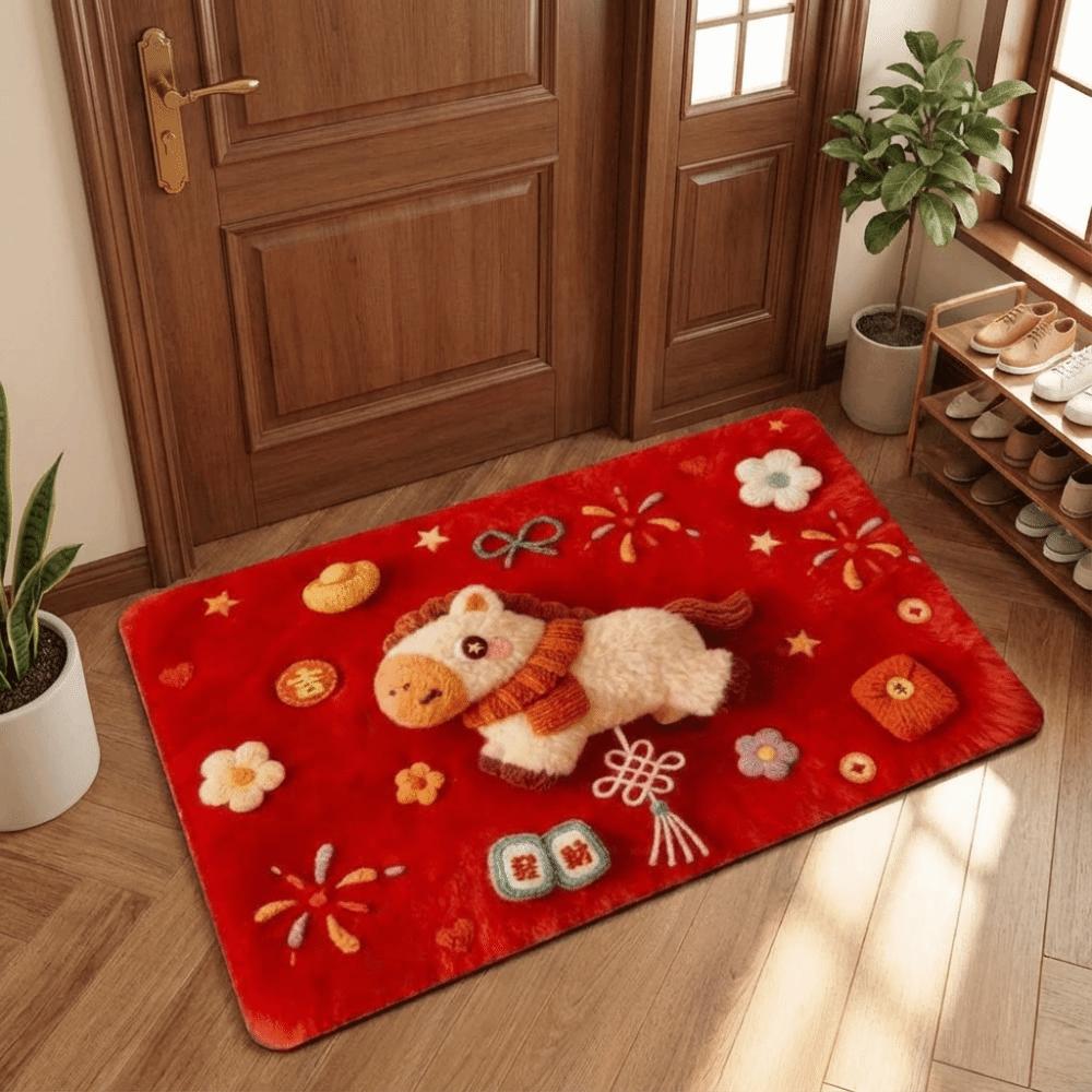 Cute Horse Pattern New Year Door Mat Non-slip Door Carpet Red Soft Foot Mat Home Decorations