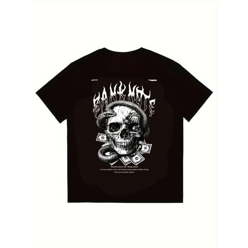 Black T Shirt with Skull Money and Bandana Print for Streetwear Fashion Men Casual Wear