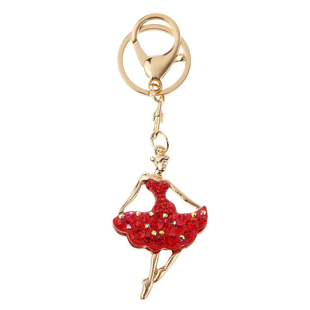 Fashion Rhinestone Ballerina Shape Keychain Key Ring Bag Charm Red