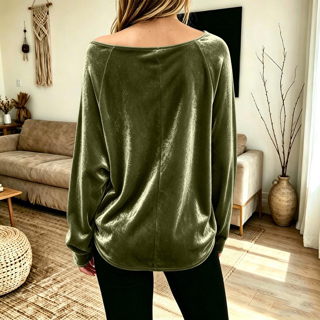 Women's Color Sequin Velvet Long Sleeve Asymmetric Neckline Top