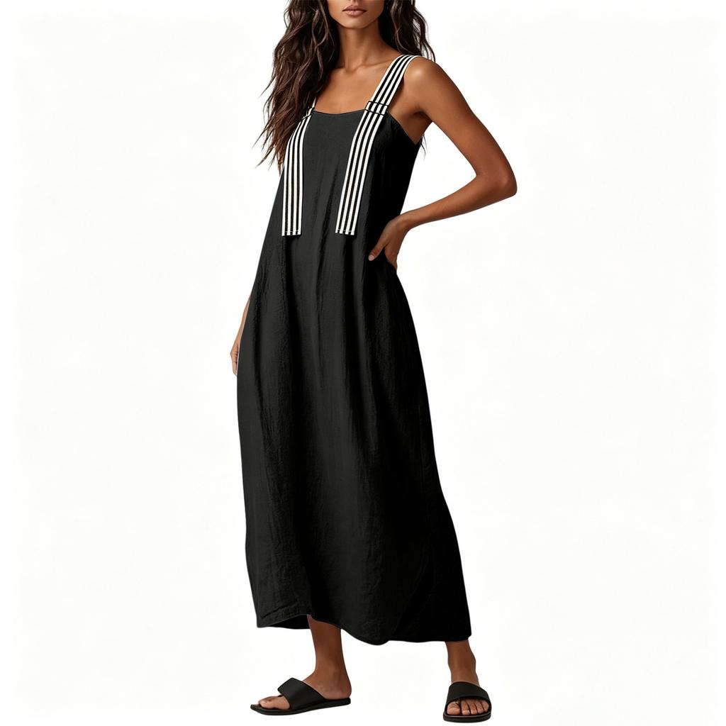 Women Sleeveless Loose Fit Casual Long Dress with Adjustable Striped Straps Lightweight Summer Maxi Dress for Daily Wear