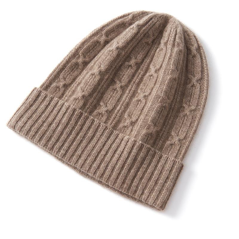 Cashmere Autumn and Winter New Style Women's High-end Solid Color Hexagonal Twist Pattern Warm Fashionable Cuffed Casual Knitted Hat