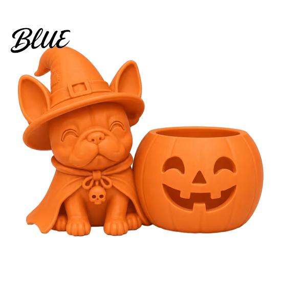 Cute Dog Halloween Gift French Bulldog Witch Statue 3D Printed Pumpkin Candle Holder Spooky PLA Ornament Figurine Tabletop Decor for Holiday