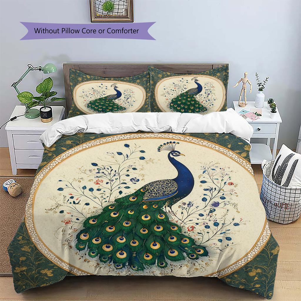 Peacock 2 Pattern Bedding Quilt Set Quilt Cover Pillowcase Home Decoration Gift (1 * Duvet Cover + 2 * Pillowcase, Without Core)