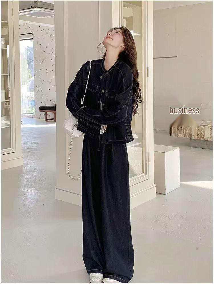 Women's Plus Size Spring & Autumn Denim Suit: Round Neck Jacket & Wide Leg Pants - Unique Two-Piece Set for Young Mothers.