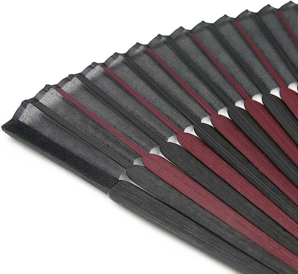 KYOETSU Folding Pure Bamboo Set of 2 Fan Fan, Silk, Plain, Two-Color Black, (Fan, Bag) Women's (17)