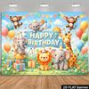 Birthday Party Banner Background - Cartoonish Cute Animal Theme, Featuring Elements of Monkeys, Elephants, Lions and Gir