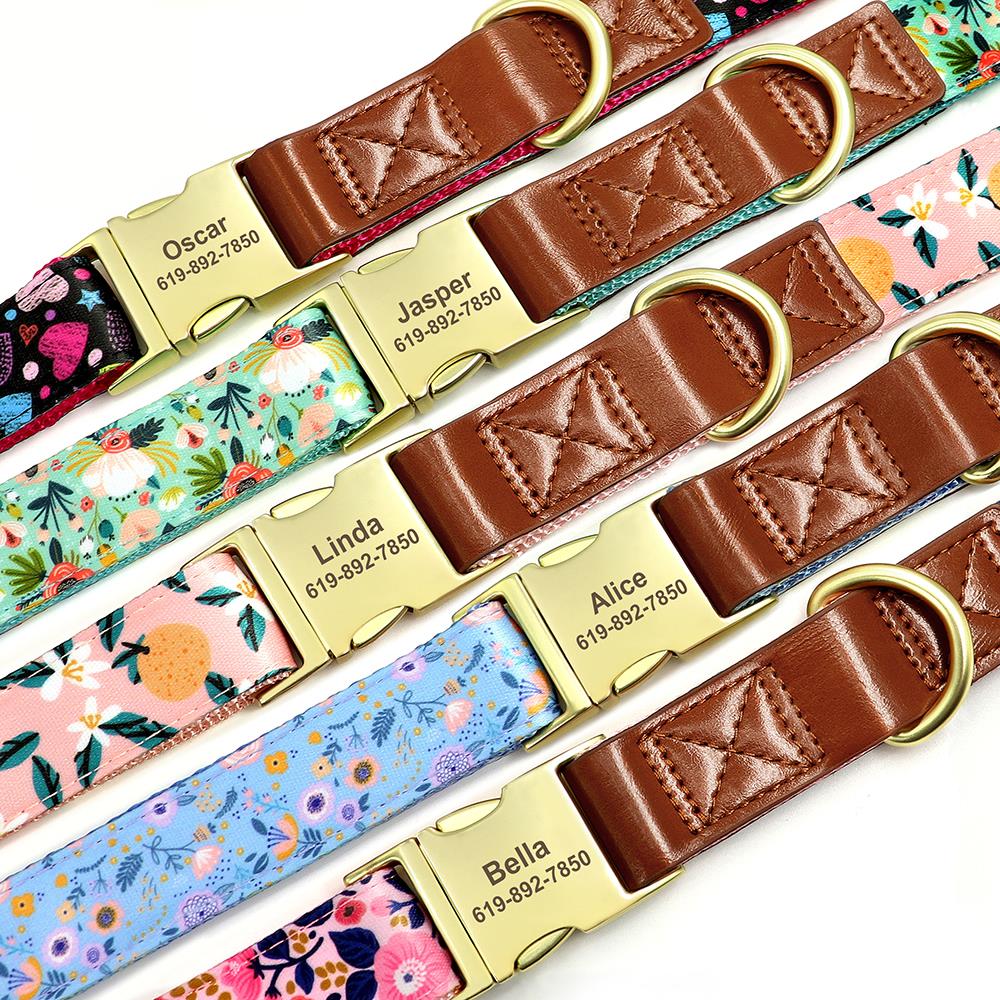 Flower Printed Dog Collar Nylon Personalized Puppy Collar Free Custom Pet ID Name Leather Collars For Small Medium Large Dog Cat