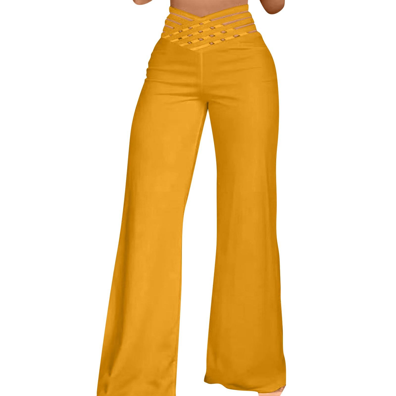 

Женские брюки с полым поясом, расклешенные брюки, повседневные брюки с высокой талией и широкими штанинами XL жёлтый